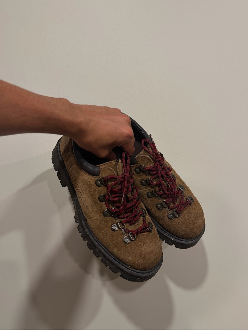 Zara Men's Brown Suede Hiking Boots with Burgundy Laces